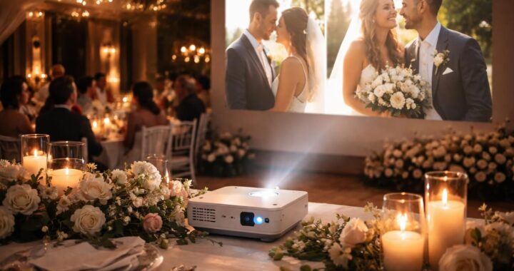 Diaporama des mariés en grand format au dîner grâce au mini vidéoprojecteur Acer