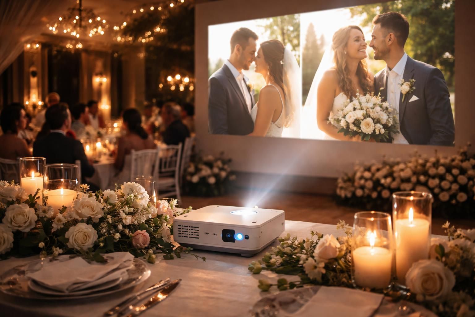 découvrez un diaporama grand format des mariés lors du dîner grâce au mini vidéoprojecteur acer, pour des moments inoubliables en famille et entre amis.