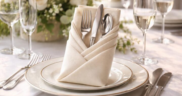 Pliage de serviette avec range-couverts pour un mariage : astuces pour un décor de table réussi