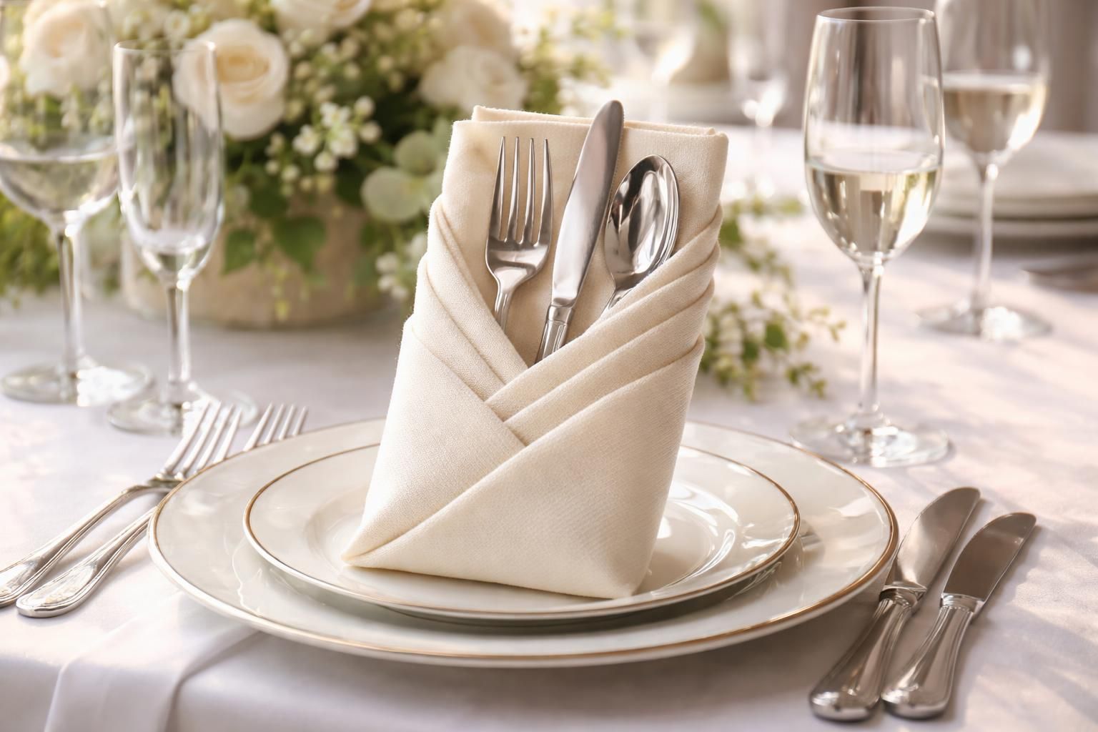 découvrez nos astuces de pliage de serviette avec range-couverts pour sublimer votre décoration de table de mariage et impressionner vos invités.