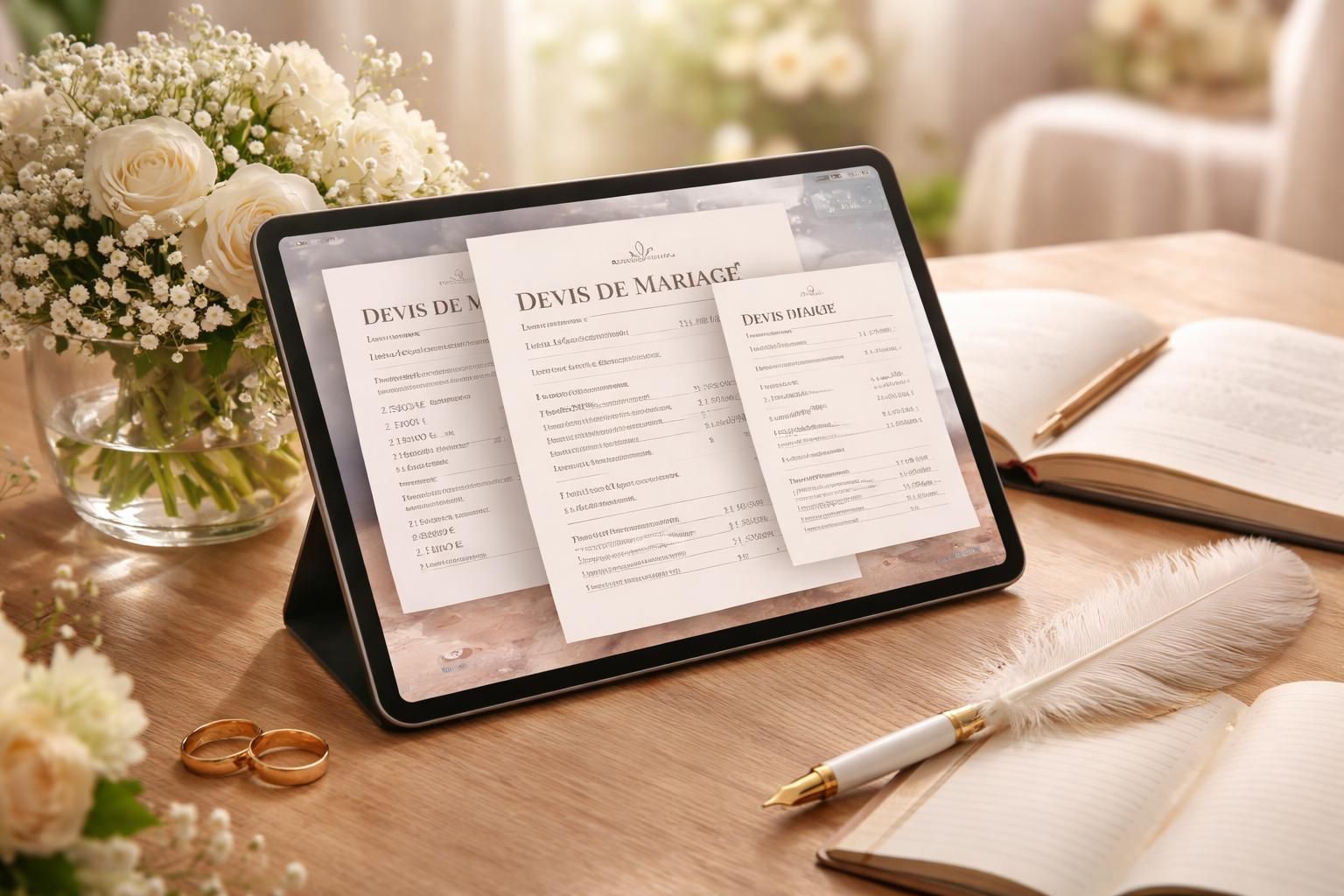 découvrez tous vos devis de mariage centralisés sur une tablette tactile, pour une organisation simplifiée et efficace de votre grand jour.