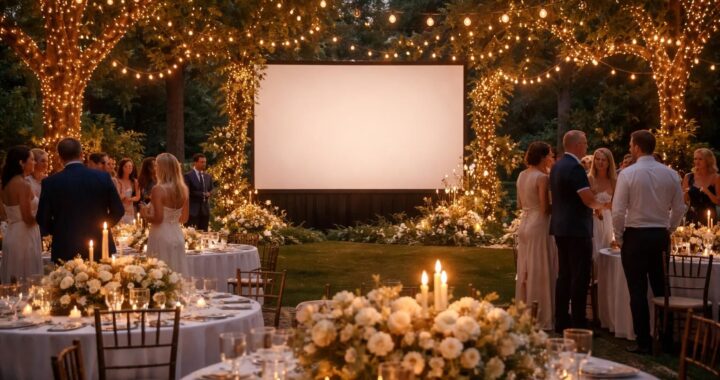 Écran de projection : le programme de soirée affiché pendant le mariage