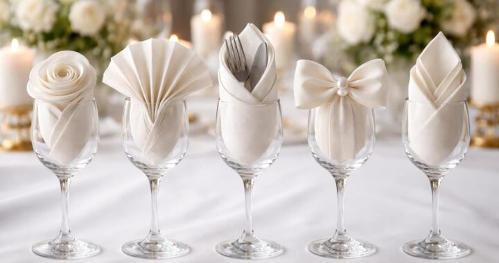 Pliage serviette sur verre pour mariage : 5 styles faciles