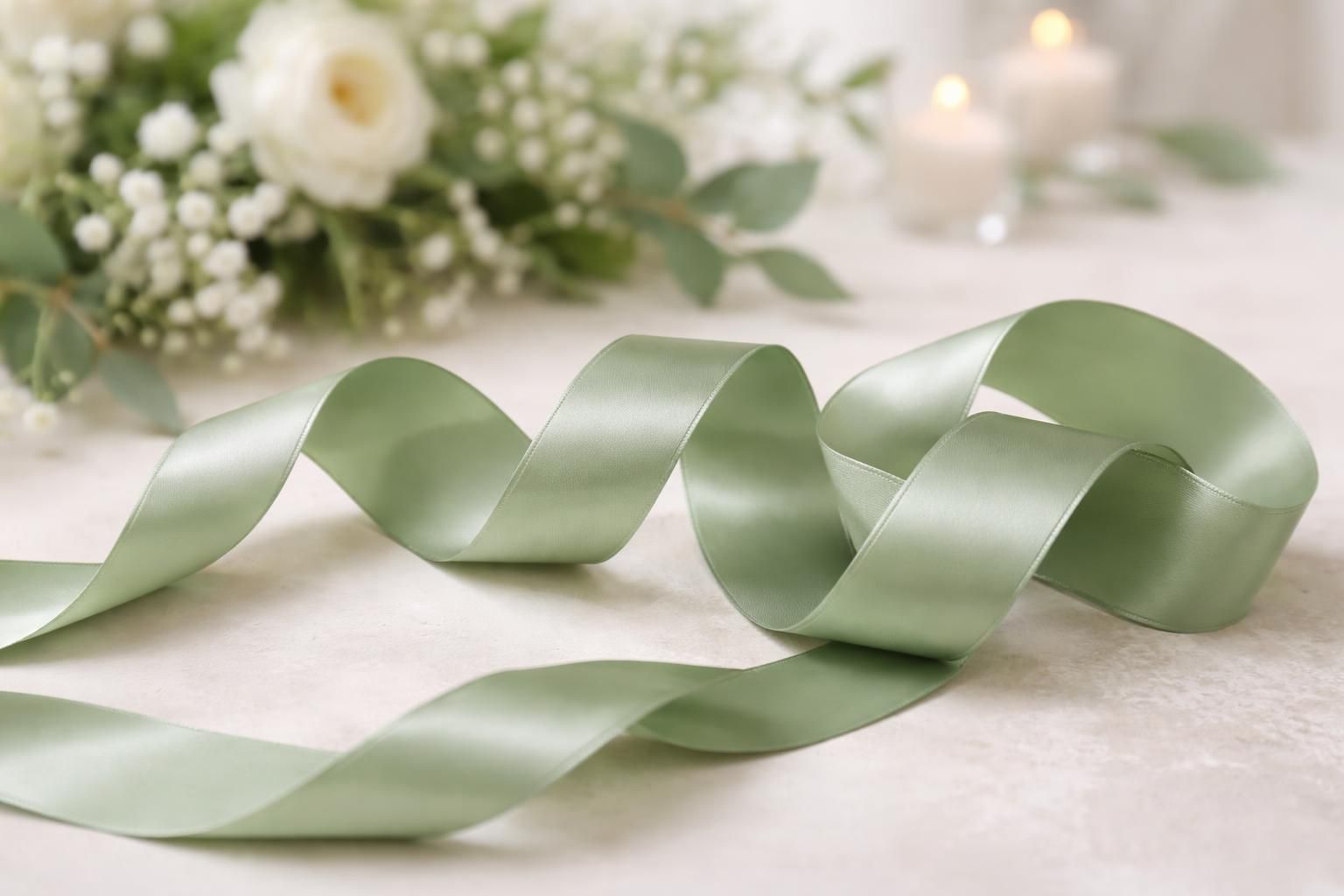ruban satin vert sauge élégant, idéal pour sublimer vos décorations de mariage avec une touche naturelle et raffinée.