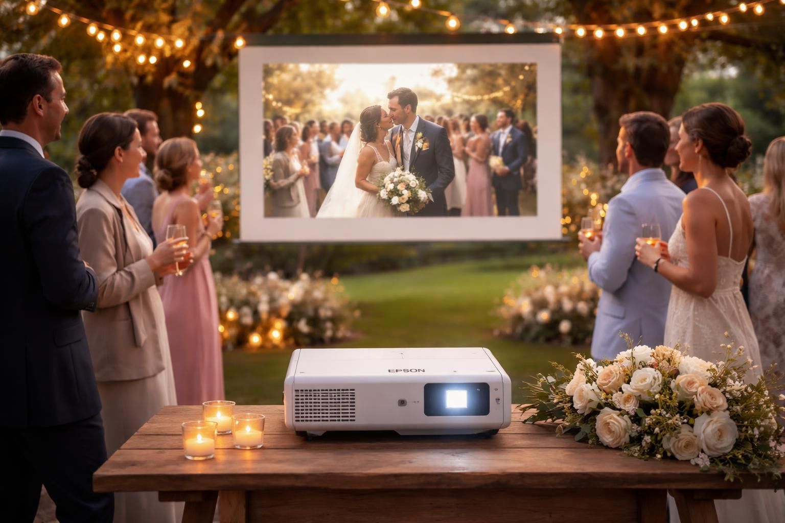 découvrez nos photos de mariage projetées en direct lors du cocktail grâce au mini vidéoprojecteur epson, pour des souvenirs partagés instantanément entre invités.