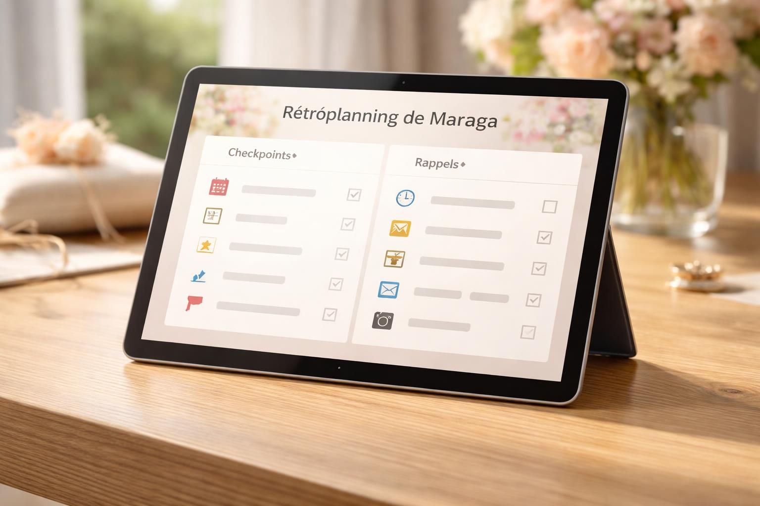 organisez votre mariage facilement avec un rétroplanning complet, incluant tous les checkpoints et rappels, optimisé pour tablette tactile microsoft.