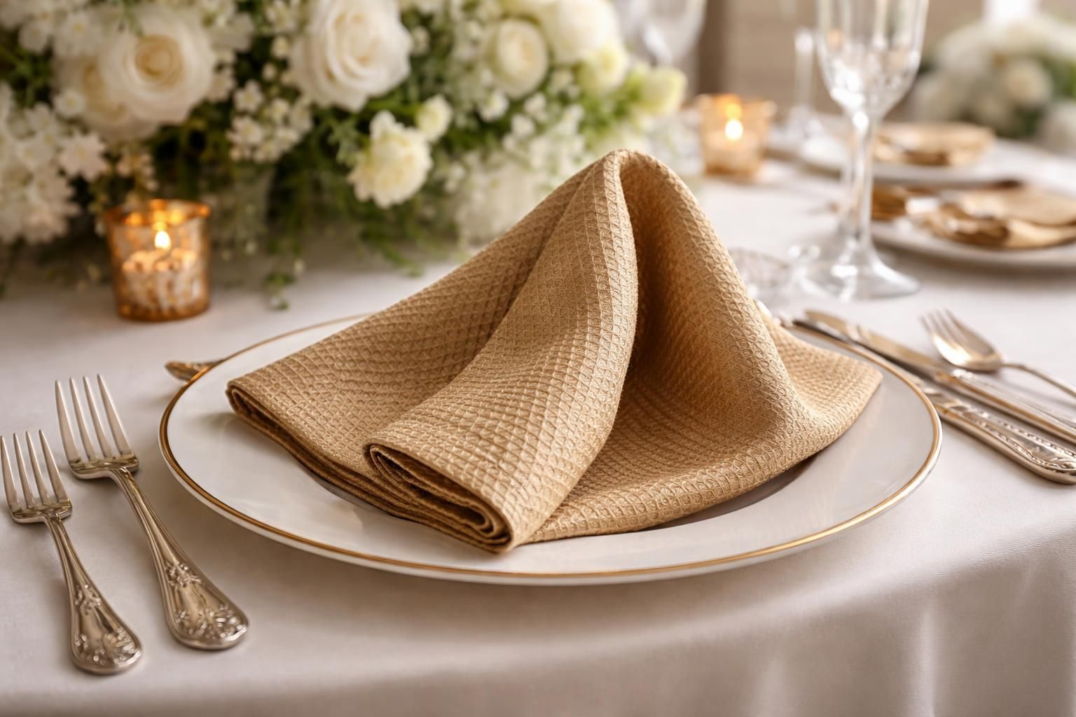 découvrez notre serviette de table gaufrée dorée mate, parfaite pour sublimer vos mariages élégants avec une touche raffinée et sophistiquée.