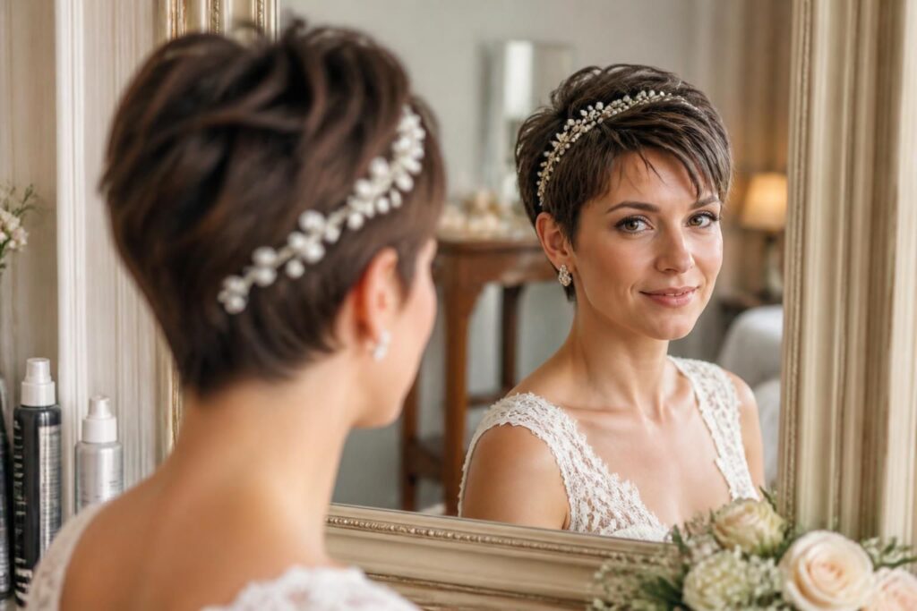découvrez nos astuces incontournables pour sublimer vos cheveux courts le jour de votre mariage et être radieuse lors de votre grand jour.