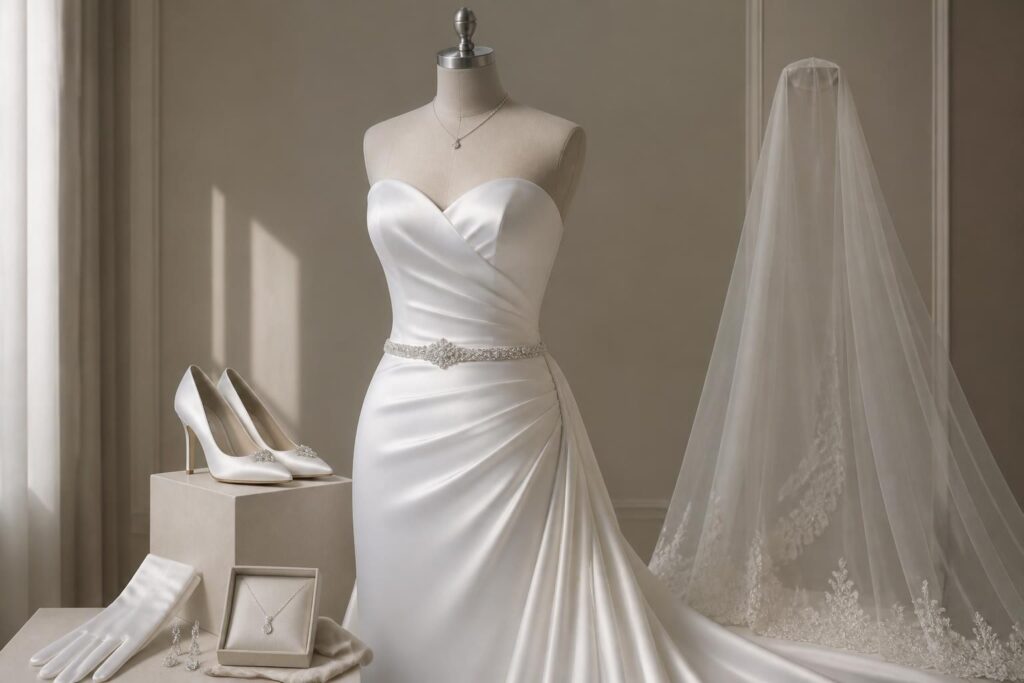 découvrez les accessoires indispensables pour sublimer votre robe de mariage en satin et créer un look élégant et raffiné le jour j.
