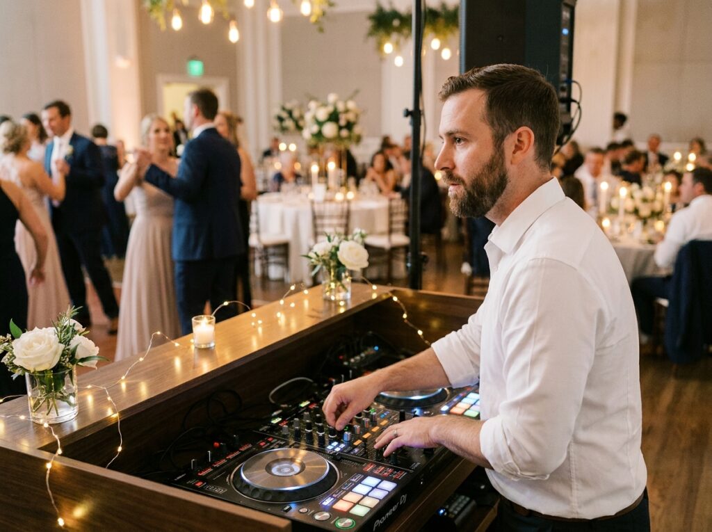 DJ professionnel animant l'ouverture du bal lors d'une réception de mariage avec une foule de convives en arrière-plan