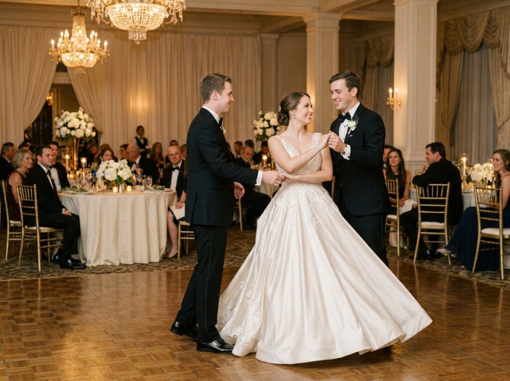 Couple de mariés dansant la valse d'ouverture du bal lors d'une réception de mariage dans un grand salon orné