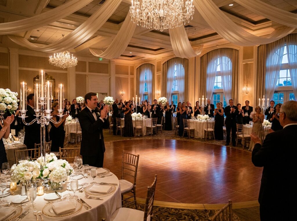 Salle de réception de mariage élégante prête pour l'ouverture du bal avec parquet brillant et décoration florale