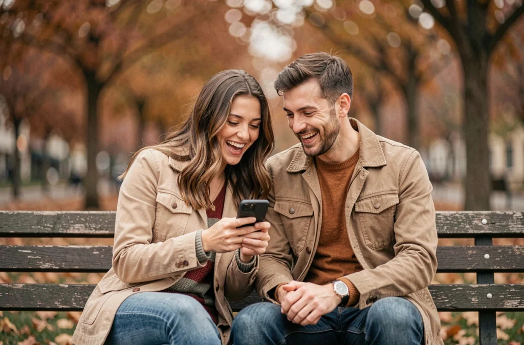 Deux amis regardant ensemble un profil Bumble Date sur smartphone assis dans un parc en automne