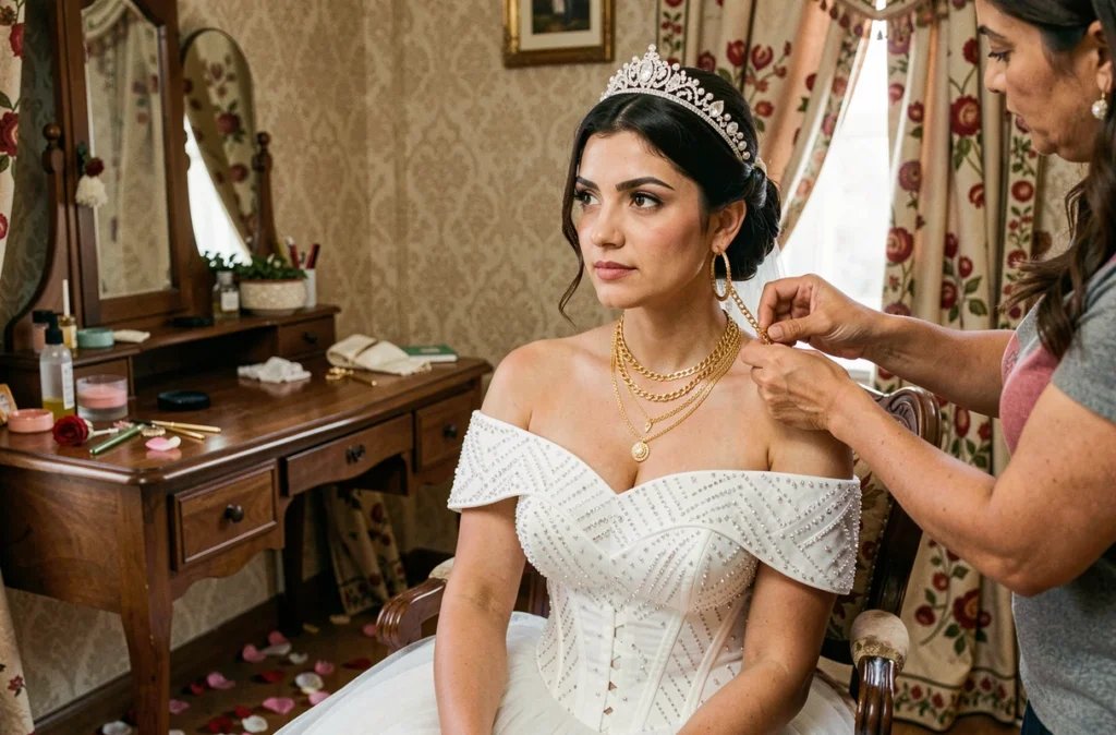 Mariée gitane avec tiare, bijoux dorés et colliers superposés lors de la préparation du mariage dans une salle décorée