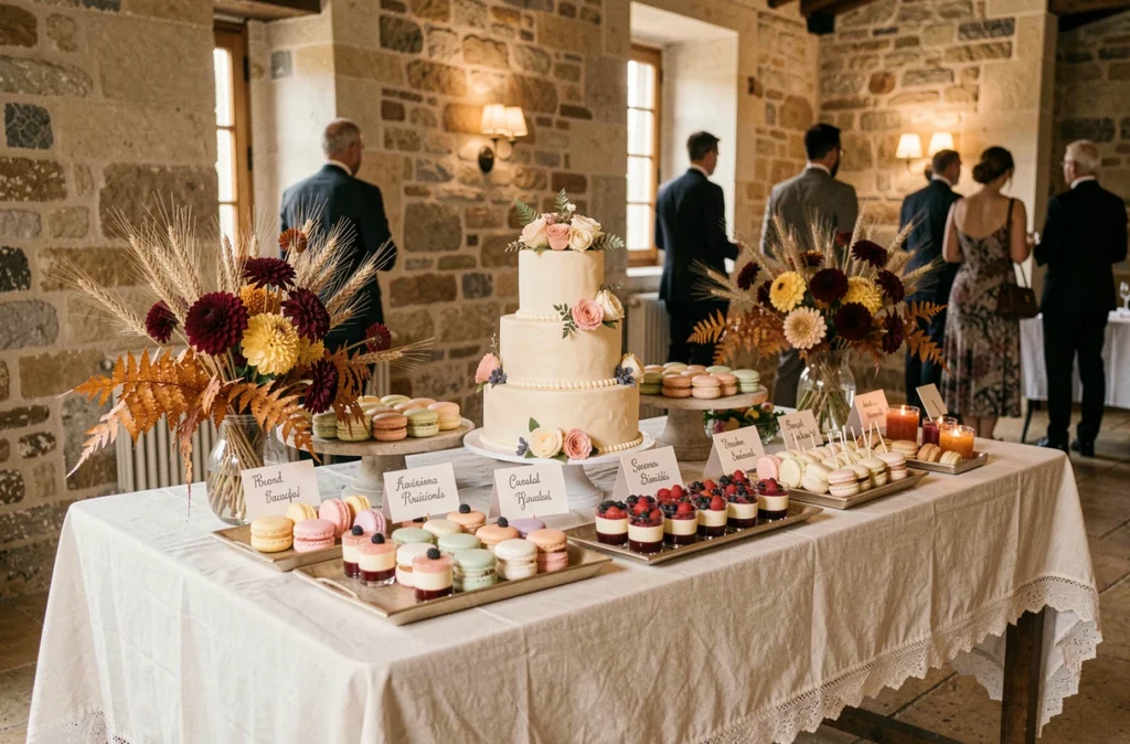 Buffet de desserts de mariage en château avec pièce montée fleurie, macarons pastel et verrines sur une table en lin dentelle