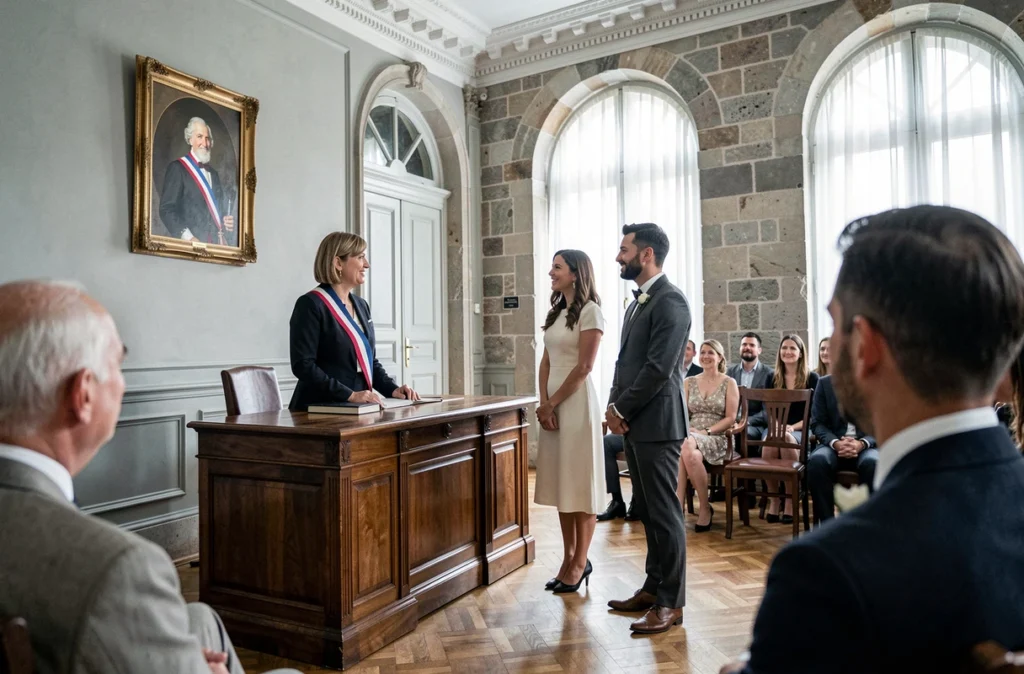 Cérémonie de mariage civil dans une mairie française avec une officière portant l'écharpe tricolore