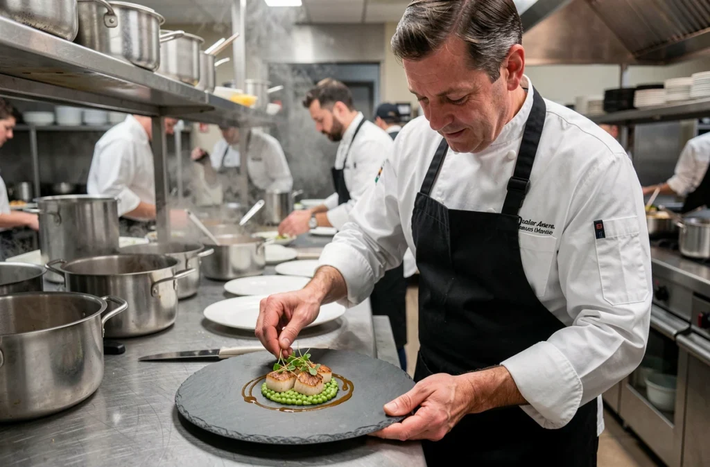 Chef cuisinier en veste blanche dressant une assiette de noces gastronomique avec des Saint-Jacques dans une cuisine de traiteur professionnelle