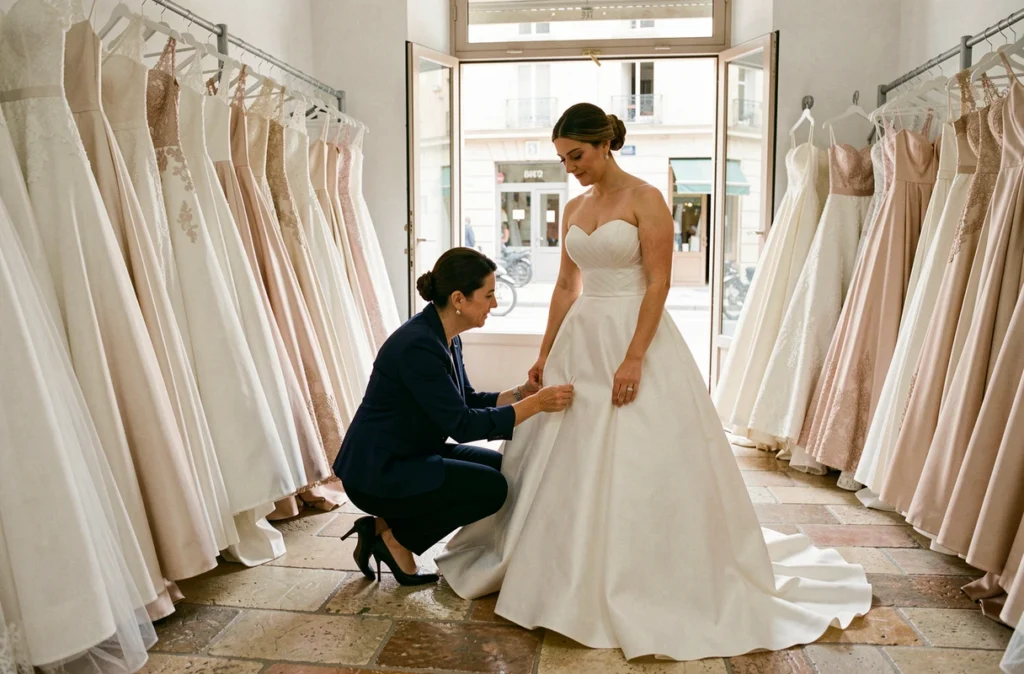 Conseillère en mariage ajustant l'ourlet d'une robe de mariée dans une boutique élégante de Montpellier