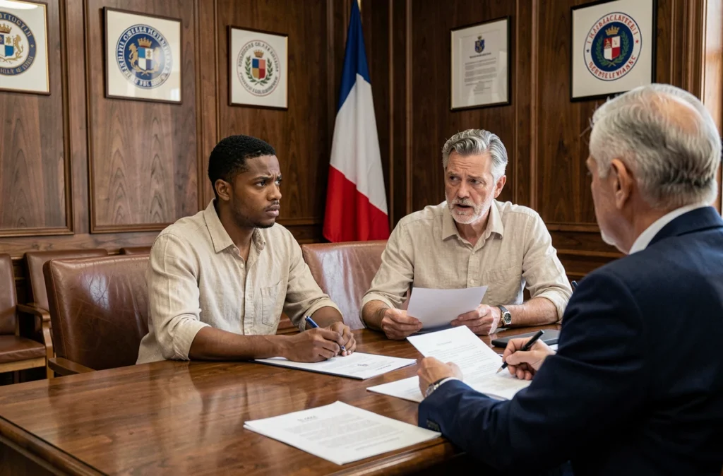 Couple franco-étranger rencontrant un officier consulaire pour débloquer un dossier de transcription de mariage