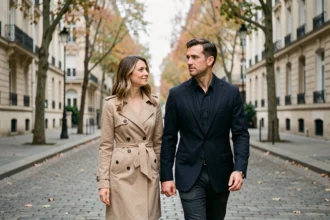 Couple discret marchant dans une rue parisienne pavée, style documentaire éditorial