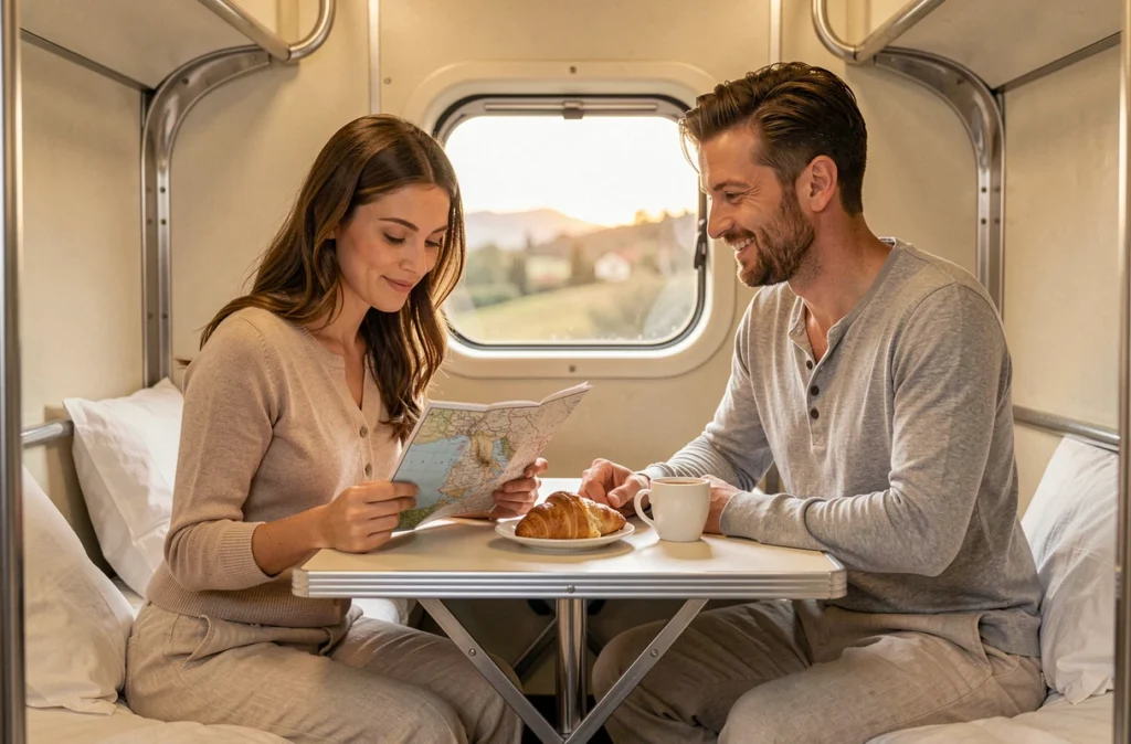 Couple de jeunes mariés prenant le petit-déjeuner dans une cabine de train couchette traversant la Toscane au lever du soleil