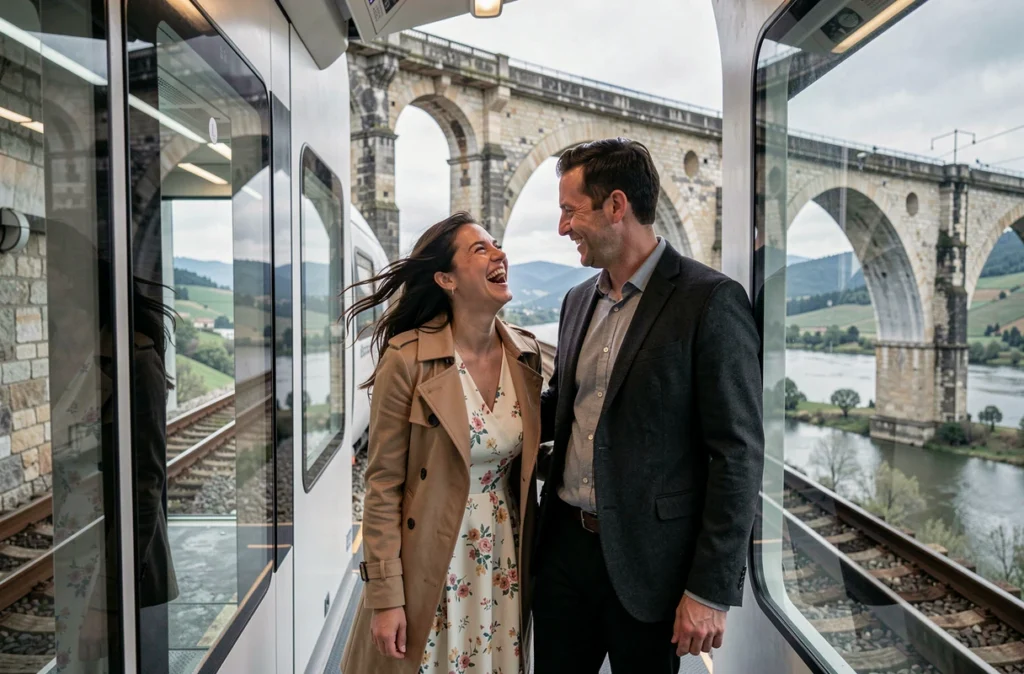 Couple de mariés sur le balcon d'un train grande vitesse traversant un viaduc en pierre dans le sud de la France