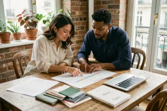 Couple planifiant leur mariage civil et religieux autour d'une table couverte de documents et de livrets de cérémonie