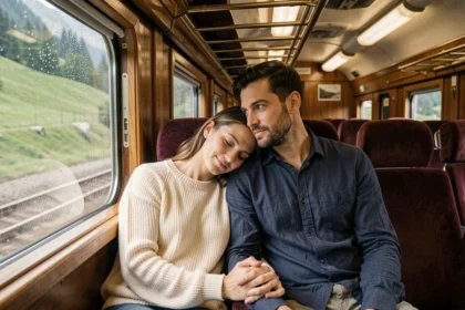 Couple de jeunes mariés tendrement enlacés dans un compartiment de train vintage traversant les Alpes européennes