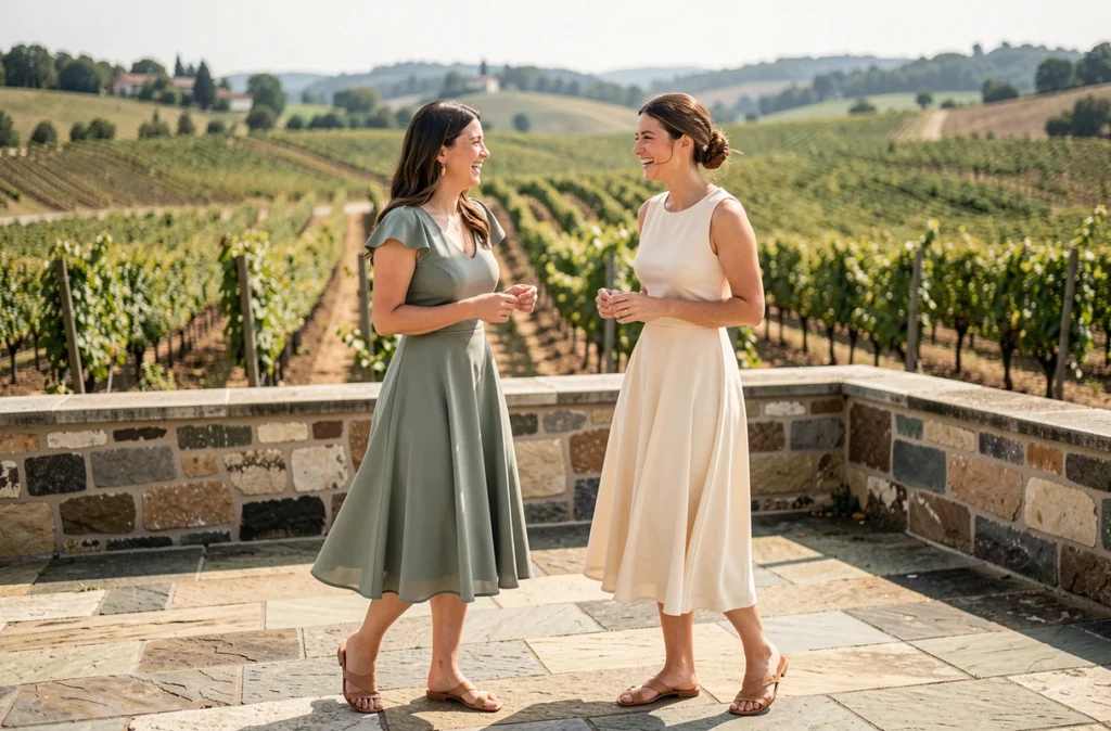 Deux femmes en robes trapèzes élégantes sur une terrasse en pierre après une cérémonie de mariage dans un vignoble