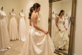 Future mariée essayant une robe en dentelle ivoire dans une boutique de mariage à Montpellier, se regardant dans un grand miroir