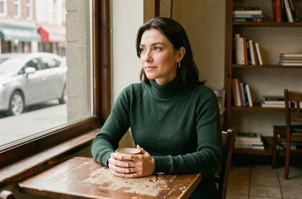 Femme élégante et discrète attablée dans un café parisien, portrait éditorial intimiste