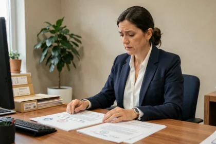 Femme consultant des documents administratifs de mariage dans un bureau français, illustrant les démarches de transcription