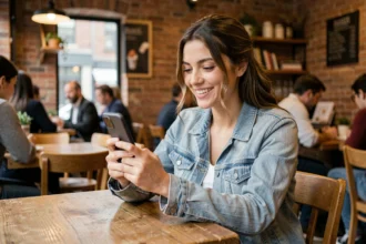 Jeune femme consultant son profil Bumble Date sur smartphone dans un café, souriant à son téléphone