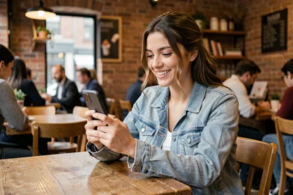 Jeune femme consultant son profil Bumble Date sur smartphone dans un café, souriant à son téléphone