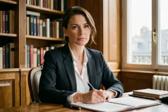 Portrait d'une femme journaliste française élégante dans un bureau parisien entouré de livres, illustrant un article sur Gabrielle Cluzel