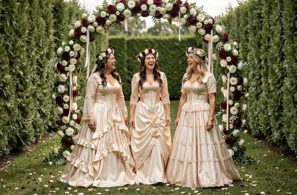 Groupe de femmes gitanes en robes de mariage ivoire avec couronnes florales sous une arche fleurie lors d'une célébration de mariage traditionnel