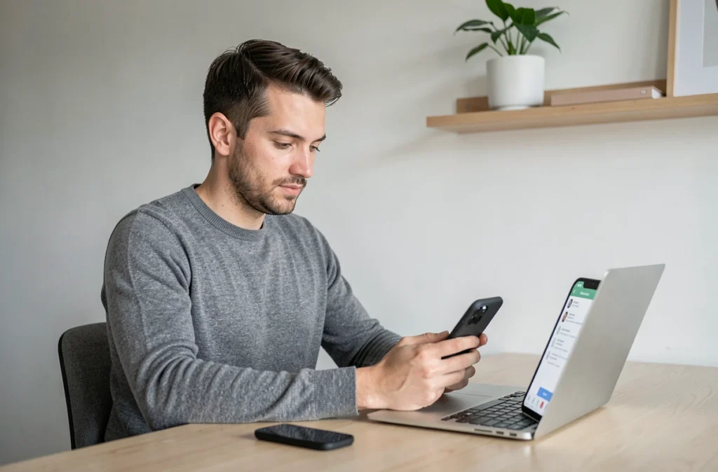 Homme optimisant son profil Bumble sur smartphone depuis son bureau à domicile