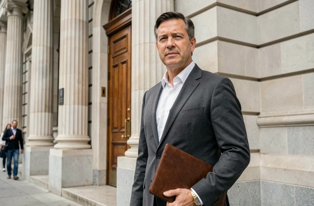 Homme politique discret en costume devant un bâtiment institutionnel, portrait documentaire