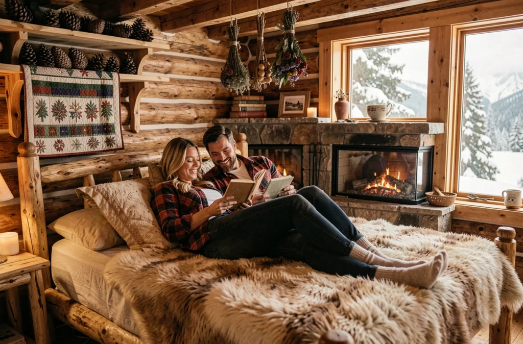 Intérieur chaleureux d'une cabane en rondins avec un couple en lune de miel sous une couette en hiver