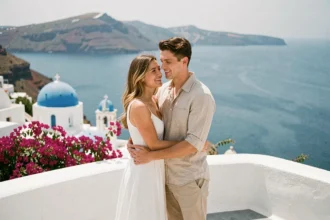 Couple de jeunes mariés sur une terrasse blanchie à la chaux de Santorin avec vue sur la caldeira et la mer Égée