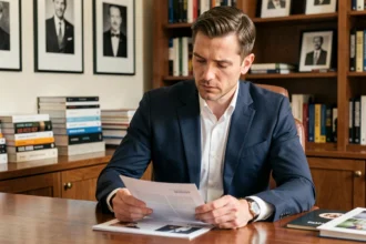 Journaliste homme en costume bleu marine assis à un bureau en bois dans un bureau éditorial raffiné, illustrant un article sur Geoffroy Lejeune