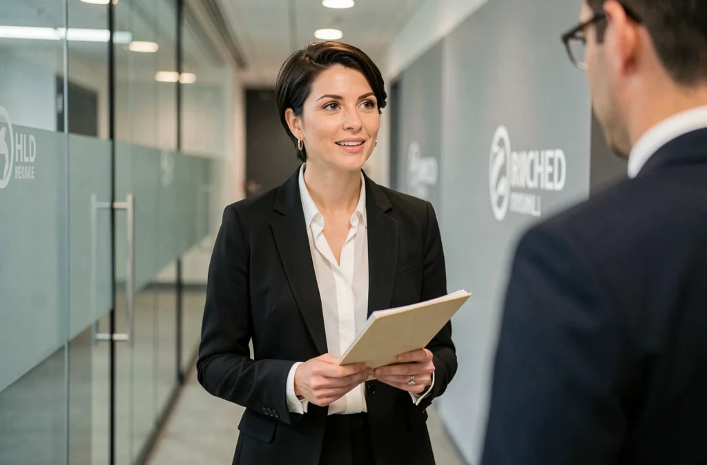 Journaliste femme en blazer noir dans un couloir de studio de télévision moderne, illustration d'un article sur Charlotte d'Ornellas