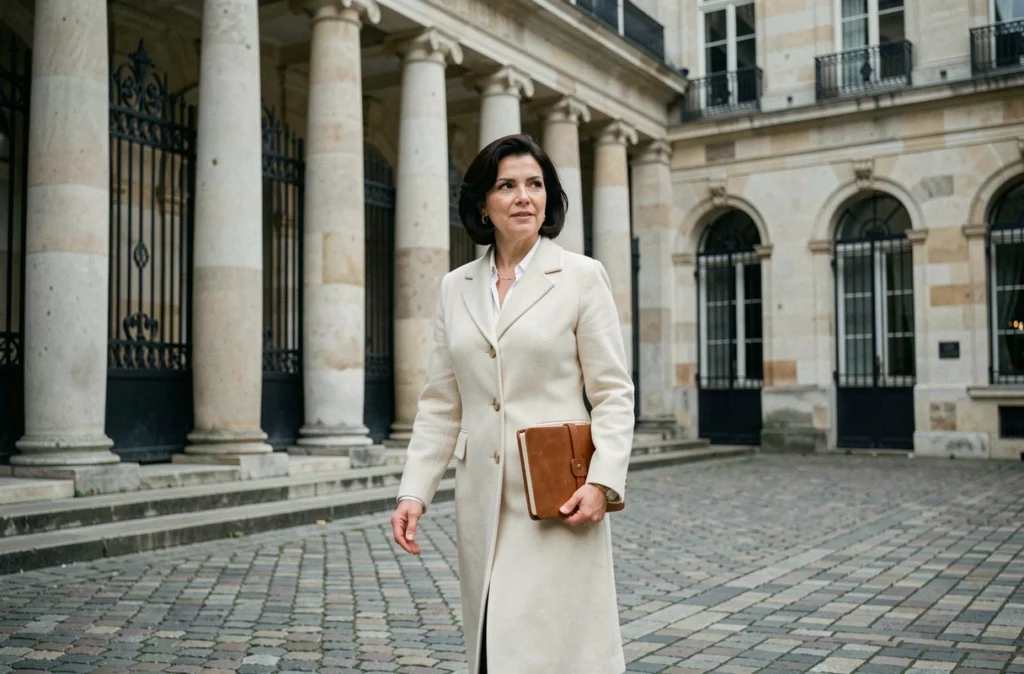 Femme élégante marchant dans la cour d'un bâtiment historique parisien, évoquant le parcours professionnel et intellectuel d'une journaliste française