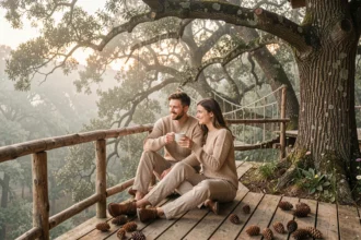 Couple en lune de miel sur la terrasse d'une cabane dans les arbres entourée de forêt brumeuse
