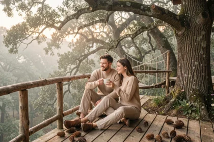 Couple en lune de miel sur la terrasse d'une cabane dans les arbres entourée de forêt brumeuse