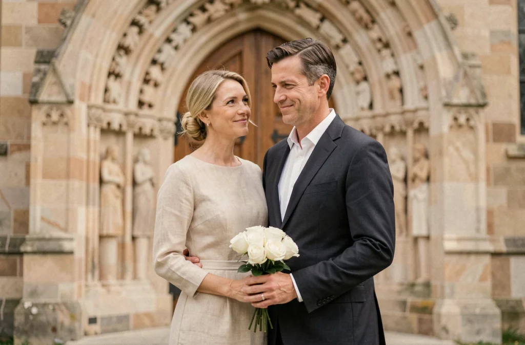 Couple élégant posant devant une église en pierre lors d'un mariage discret et raffiné en France, illustrant un article sur la vie personnelle et le mariage de Gabrielle Cluzel