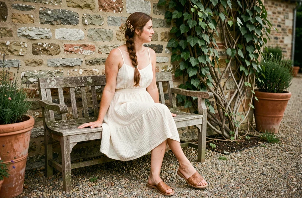 Mariée bohème en robe courte à volants assise sur un banc en bois devant une ferme en pierre avec sandales plates