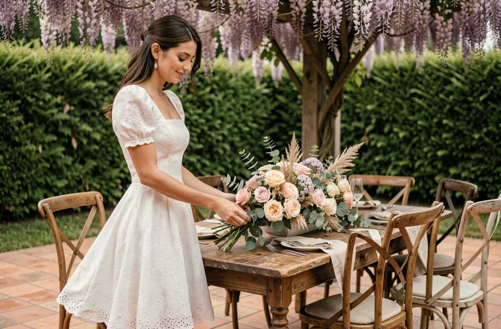 Mariée en robe courte broderie anglaise arrangeant des fleurs sur une table de réception en jardin champêtre