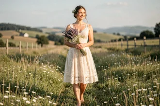 Mariée en robe courte champêtre en dentelle ivoire debout dans une prairie fleurie avec bouquet de lavande séchée
