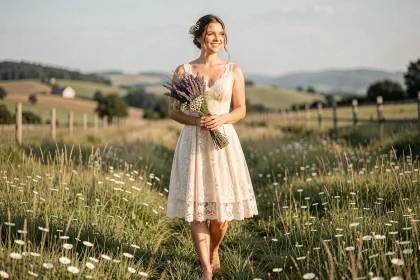 Mariée en robe courte champêtre en dentelle ivoire debout dans une prairie fleurie avec bouquet de lavande séchée